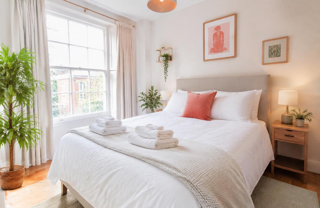 Bright guest bedroom with a freshly made bed